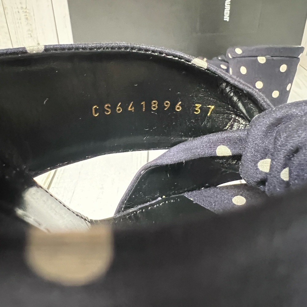 Saint Laurent Bianca 100 Polka Dot Satin Sandal Marine Navy/White Sz 37 / 7 - Picture 8 of 11